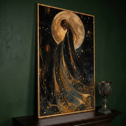 Mystical Woman & Moon Canvas Print in white oak floating frame