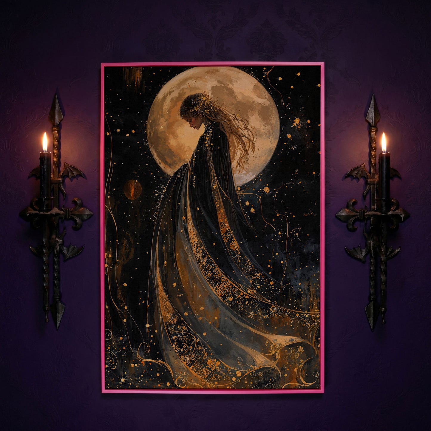 Mystical Woman & Moon Canvas Print in pink floating frame