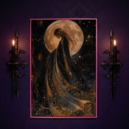 Mystical Woman & Moon Canvas Print in pink floating frame