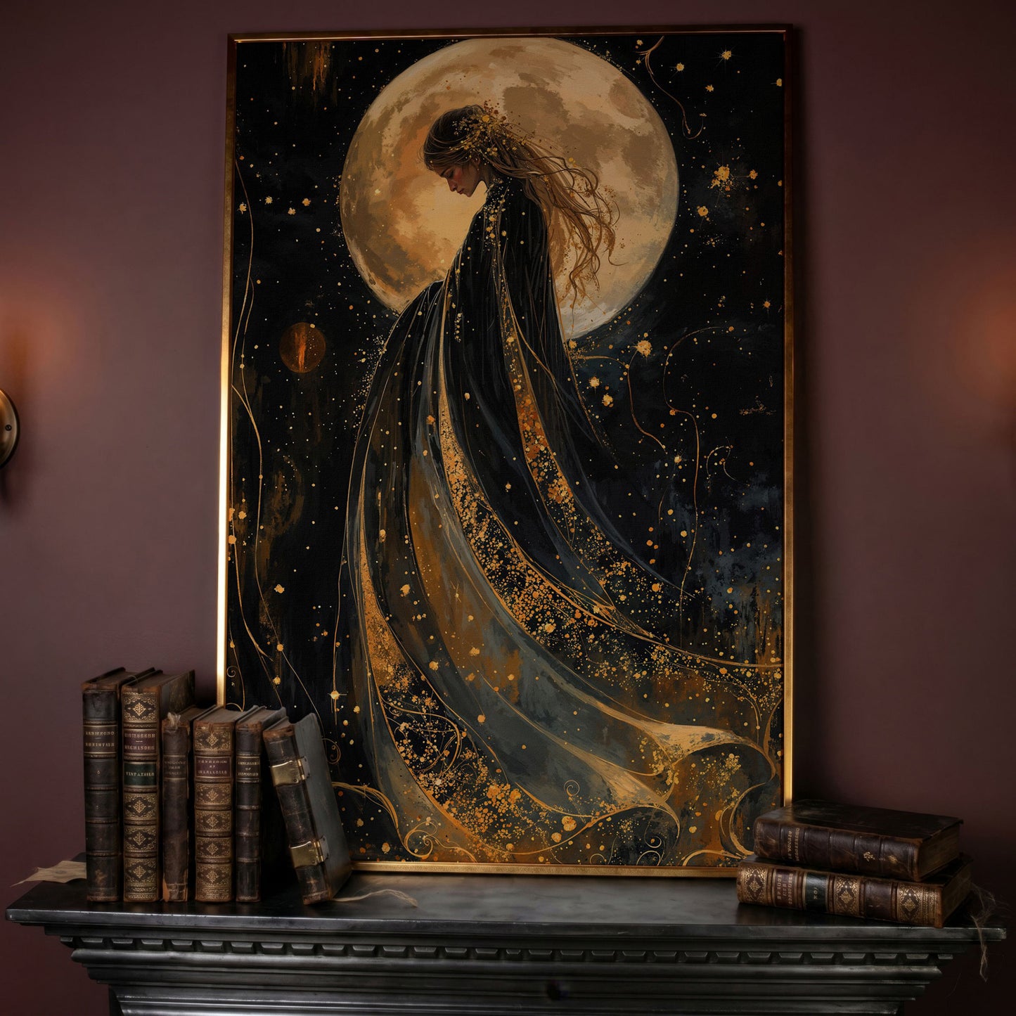 Mystical Woman & Moon Canvas Print in rose gold floating frame