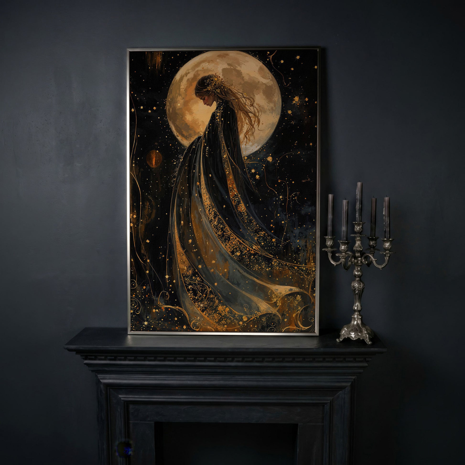 Mystical Woman & Moon Canvas Print in silver floating frame