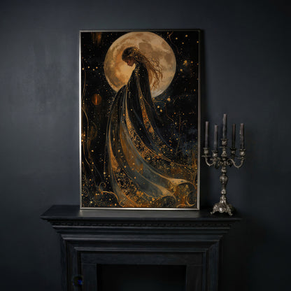 Mystical Woman & Moon Canvas Print in silver floating frame