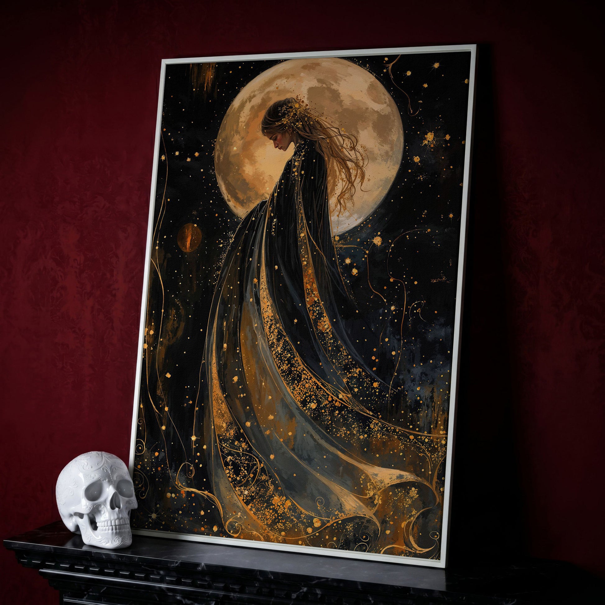 Mystical Woman & Moon Canvas Print in white floating frame