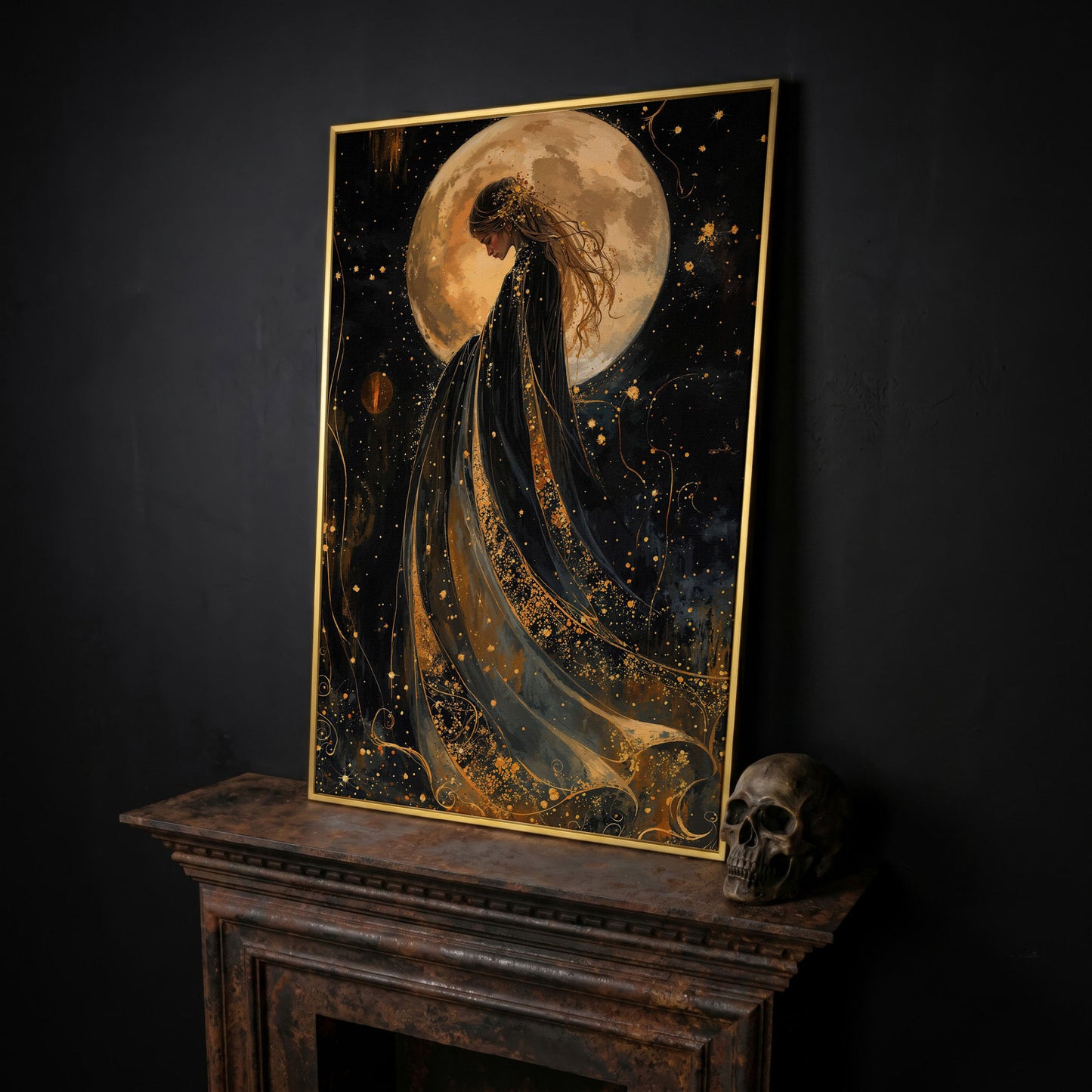 Mystical Woman & Moon Canvas Print in yellow gold floating frame