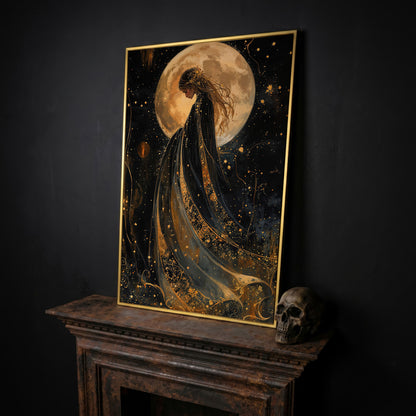 Mystical Woman & Moon Canvas Print in yellow gold floating frame