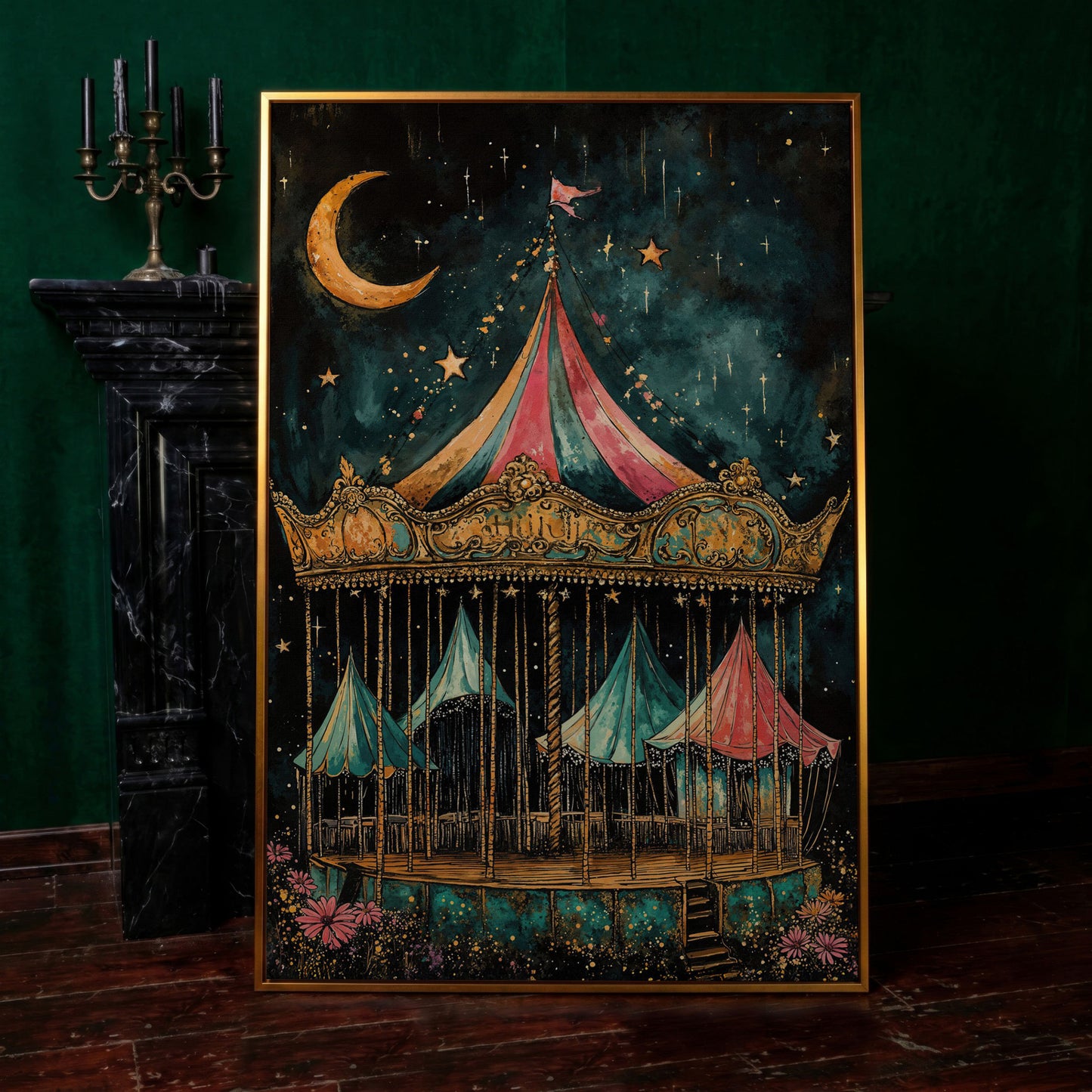 Vintage Carousel at Night Canvas Print, Starry Sky Portrait Art in antique gold floating frame