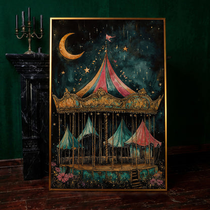 Vintage Carousel at Night Canvas Print, Starry Sky Portrait Art in antique gold floating frame