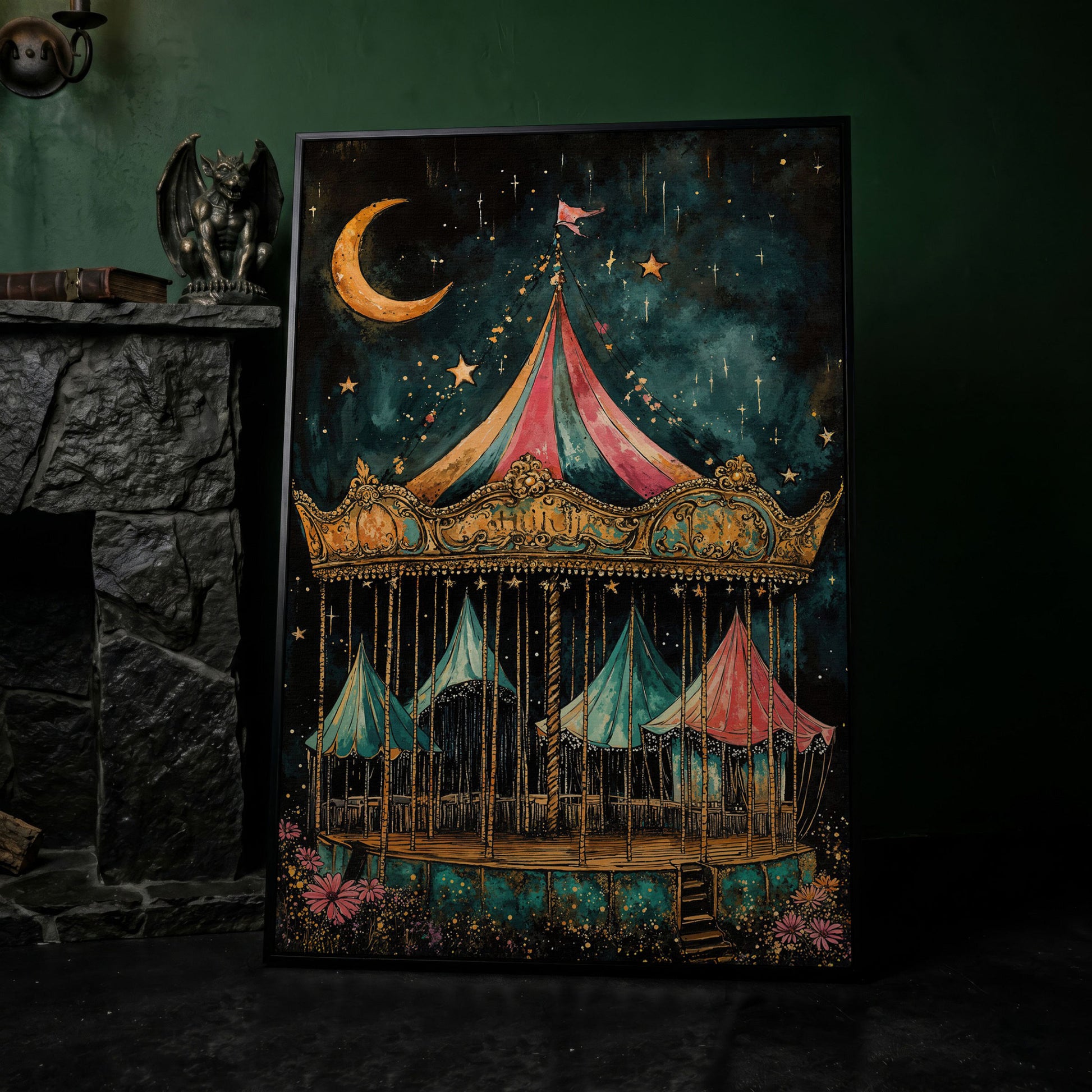 Vintage Carousel at Night Canvas Print, Starry Sky Portrait Art in black floating frame