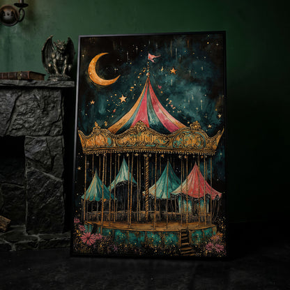 Vintage Carousel at Night Canvas Print, Starry Sky Portrait Art in black floating frame