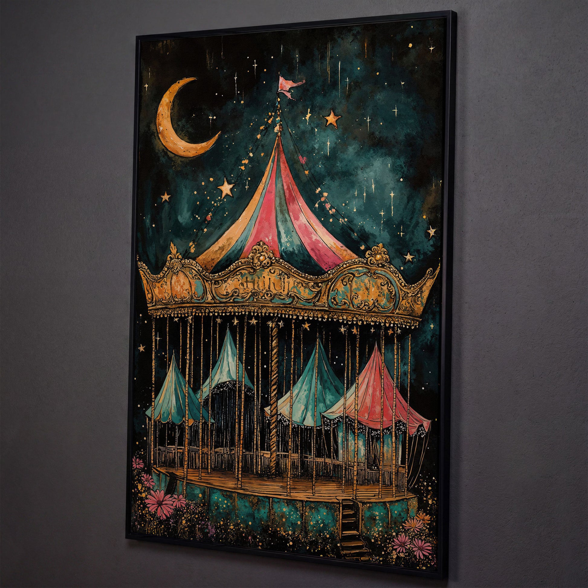 Vintage Carousel at Night Canvas Print, Starry Sky Portrait Art shown in black floating frame