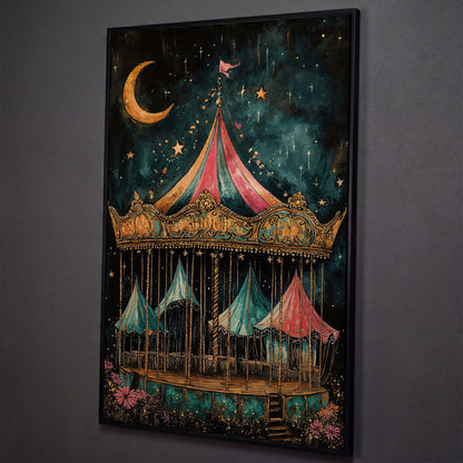 Vintage Carousel at Night Canvas Print, Starry Sky Portrait Art shown in black floating frame
