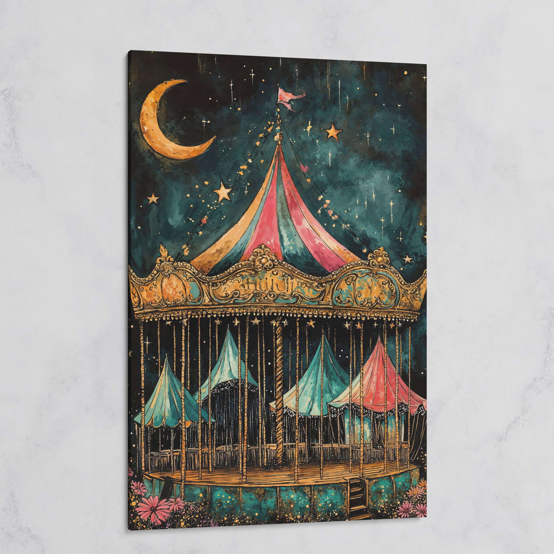 Vintage Carousel at Night Canvas Print, Starry Sky Portrait Art on gallery wrap