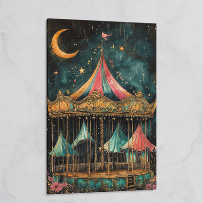 Vintage Carousel at Night Canvas Print, Starry Sky Portrait Art on gallery wrap