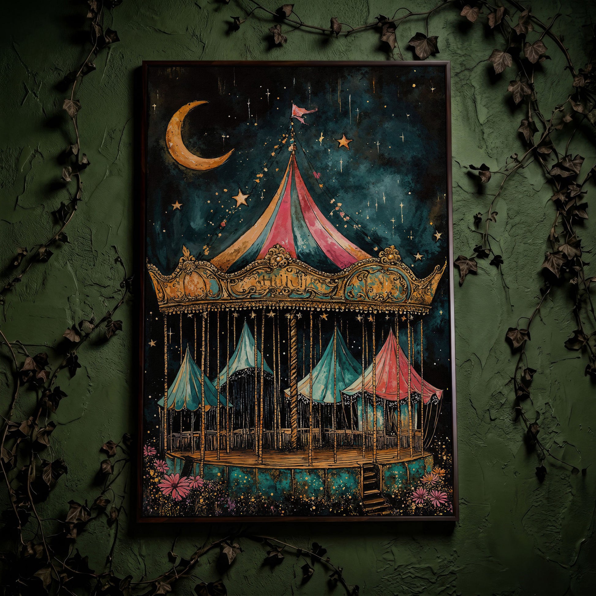 Vintage Carousel at Night Canvas Print, Starry Sky Portrait Art in dark walnut floating frame