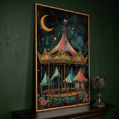 Vintage Carousel at Night Canvas Print, Starry Sky Portrait Art in white oak floating frame