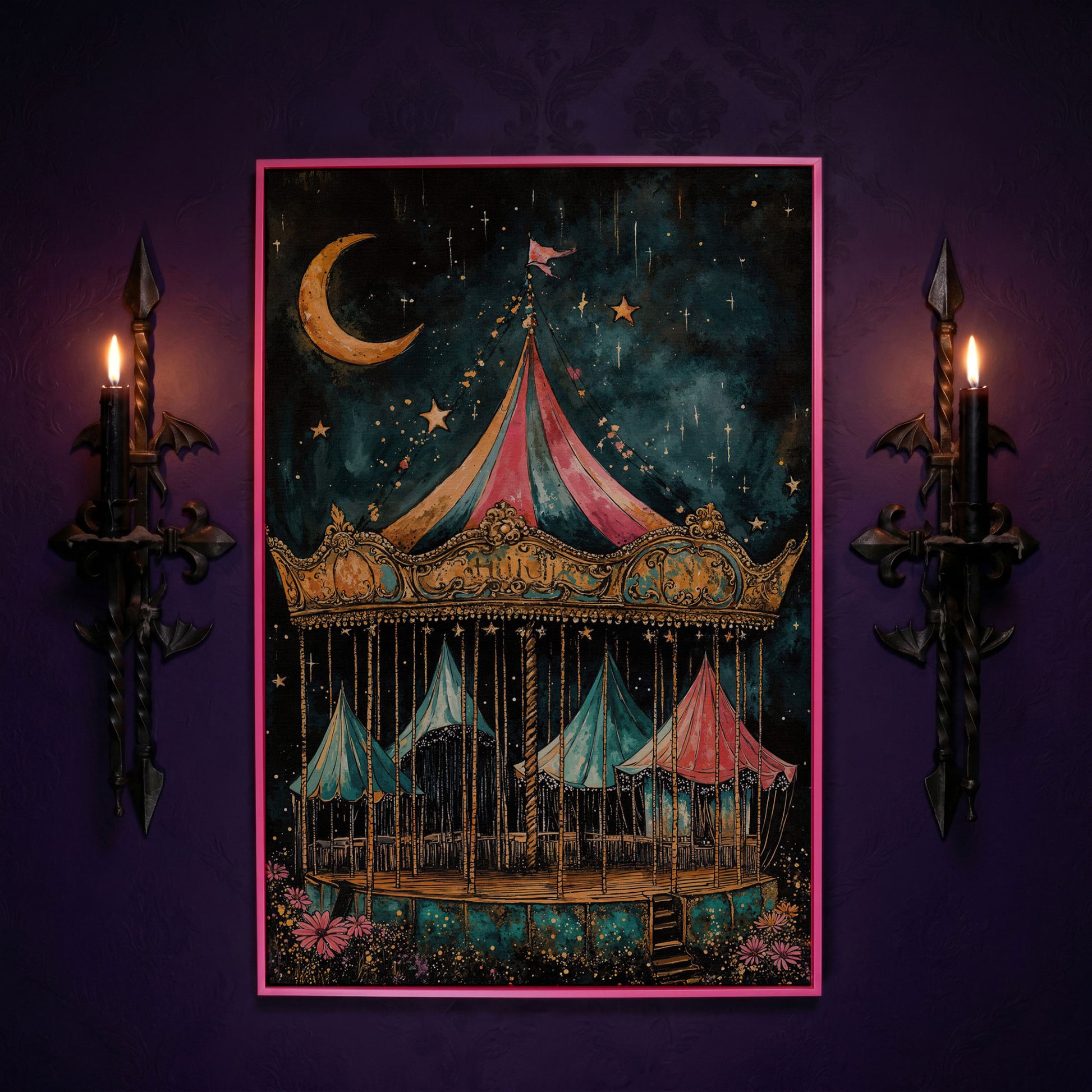 Vintage Carousel at Night Canvas Print, Starry Sky Portrait Art in pink floating frame