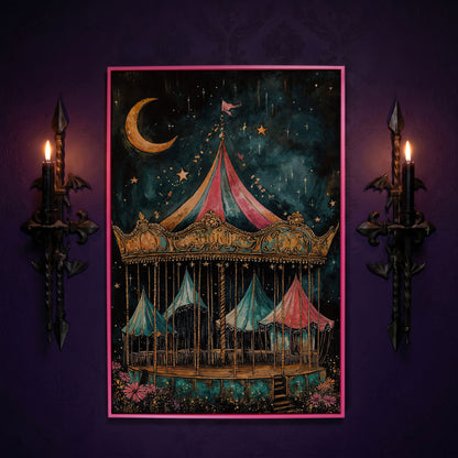 Vintage Carousel at Night Canvas Print, Starry Sky Portrait Art in pink floating frame