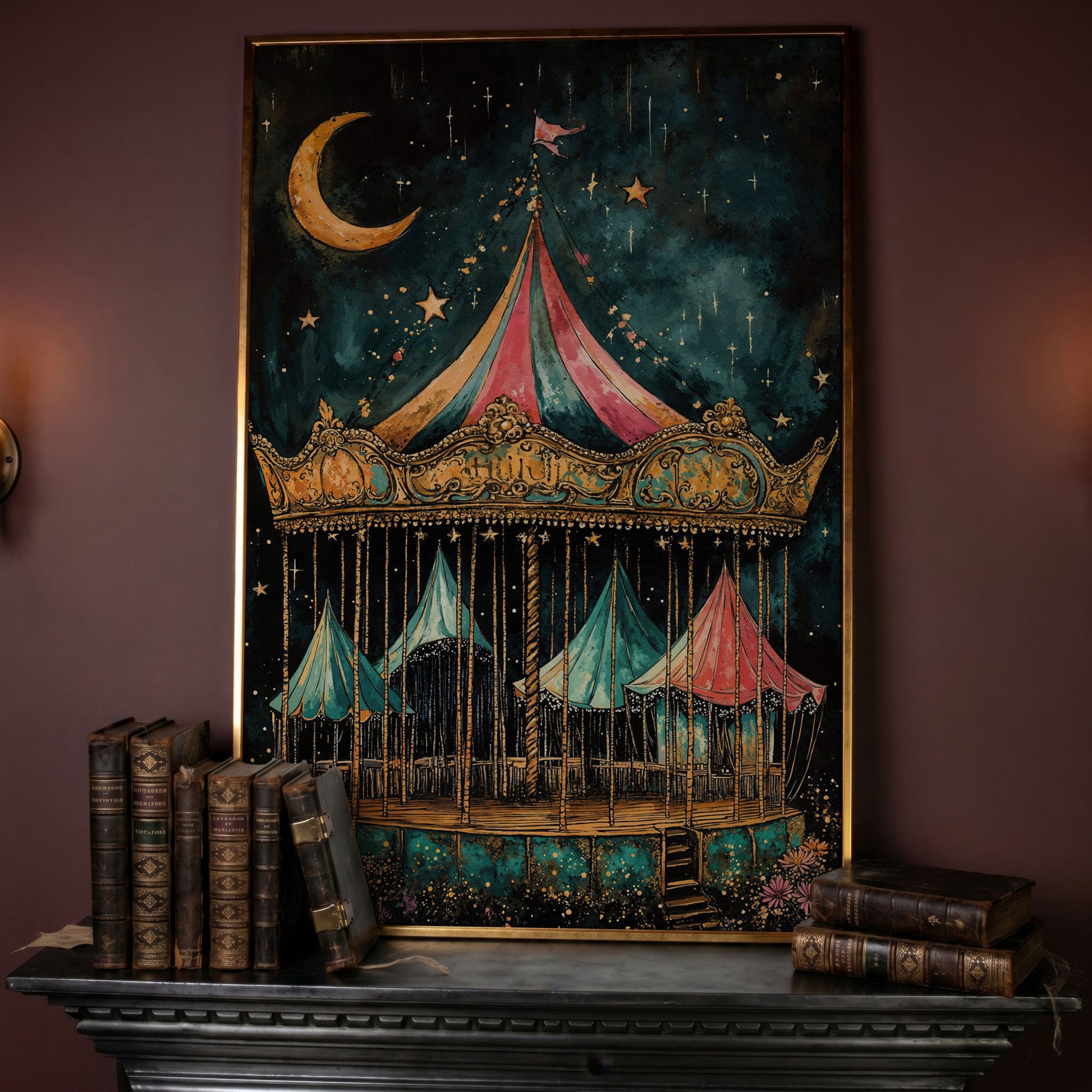 Vintage Carousel at Night Canvas Print, Starry Sky Portrait Art in rose gold floating frame