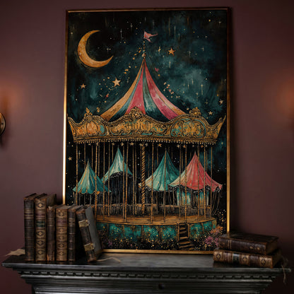 Vintage Carousel at Night Canvas Print, Starry Sky Portrait Art in rose gold floating frame