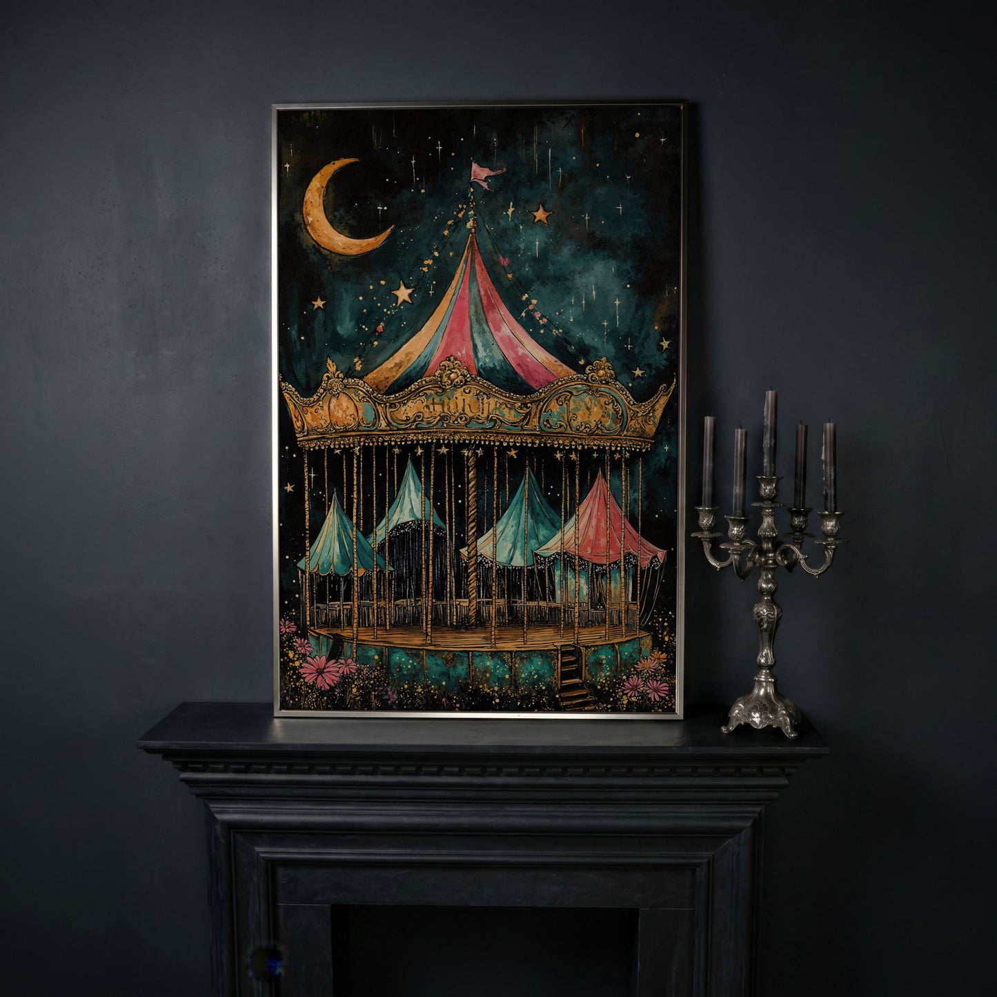 Vintage Carousel at Night Canvas Print, Starry Sky Portrait Art in silver floating frame