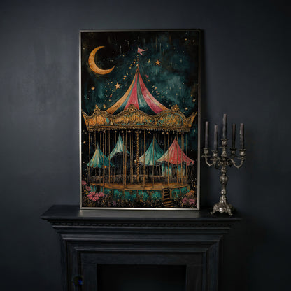 Vintage Carousel at Night Canvas Print, Starry Sky Portrait Art in silver floating frame