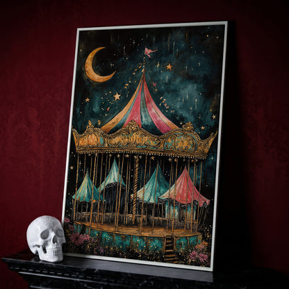 Vintage Carousel at Night Canvas Print, Starry Sky Portrait Art in white floating frame