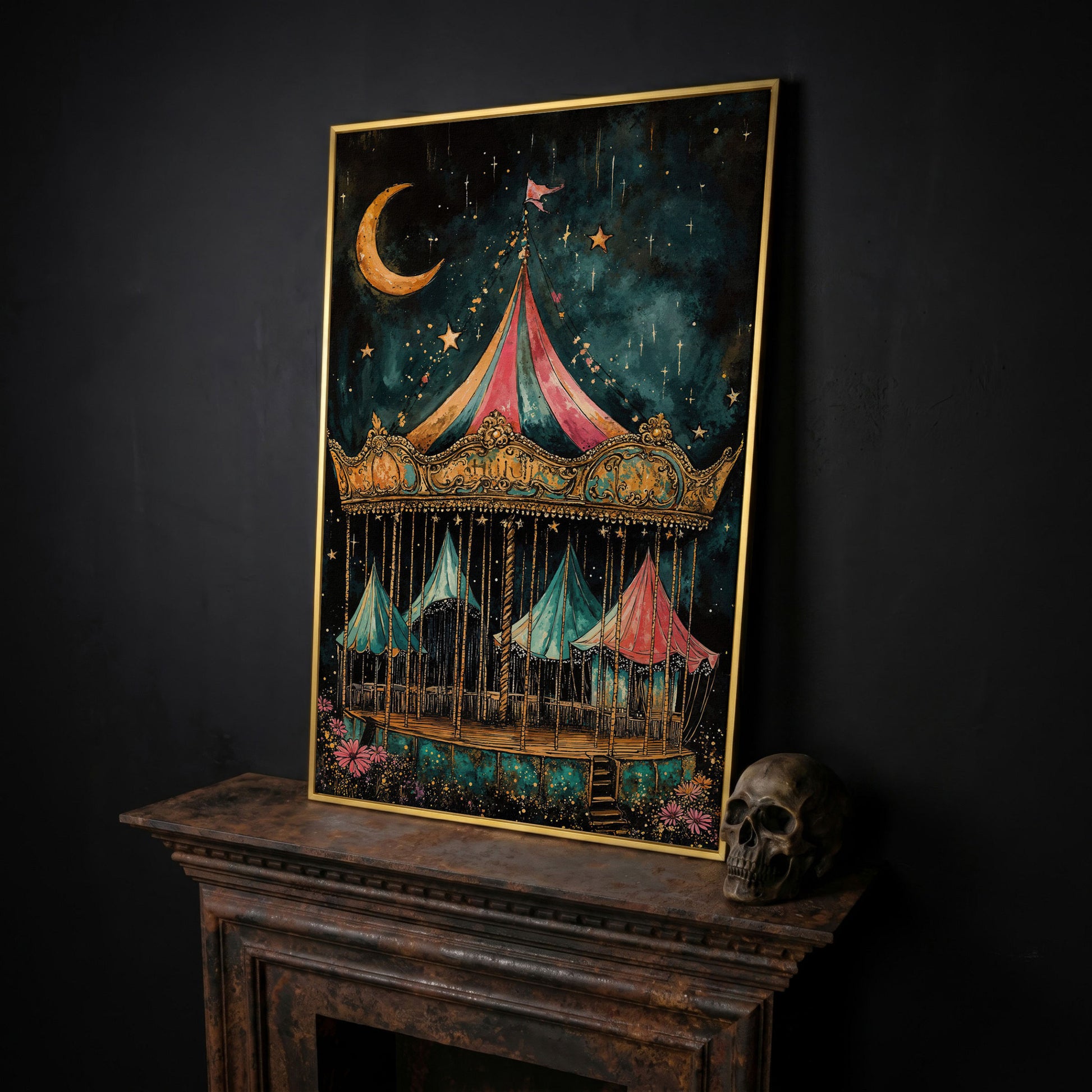 Vintage Carousel at Night Canvas Print, Starry Sky Portrait Art in yellow gold floating frame