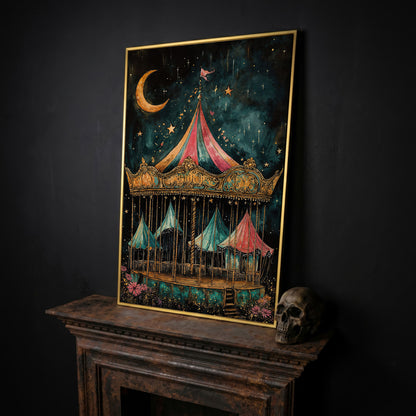 Vintage Carousel at Night Canvas Print, Starry Sky Portrait Art in yellow gold floating frame