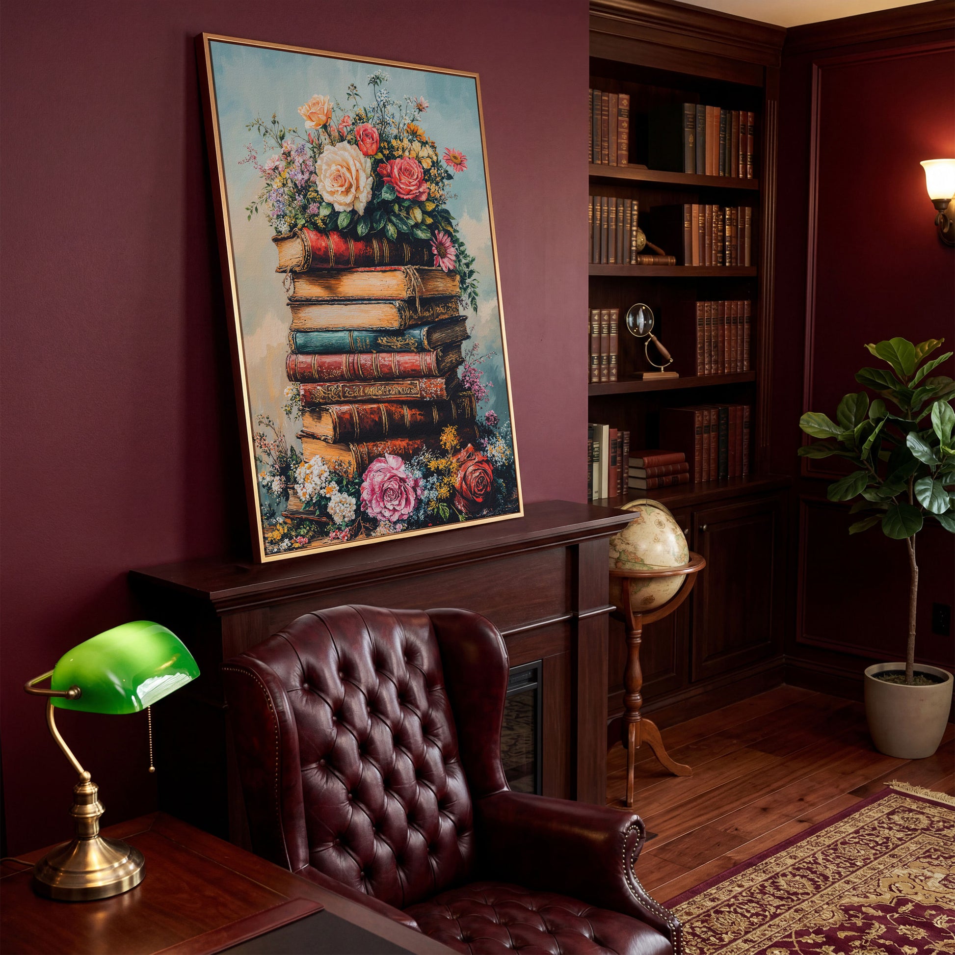 Vintage Book Stack with Flowers Canvas in antique gold floating frame