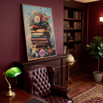 Vintage Book Stack with Flowers Canvas in antique gold floating frame