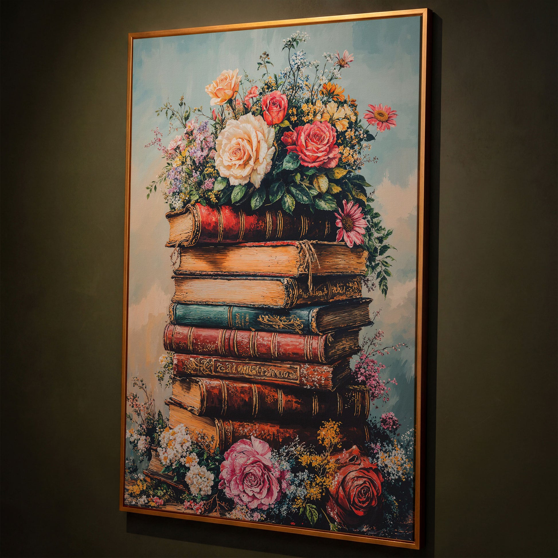 Vintage Book Stack with Flowers Canvas shown in antique gold floating frame