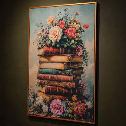 Vintage Book Stack with Flowers Canvas shown in antique gold floating frame