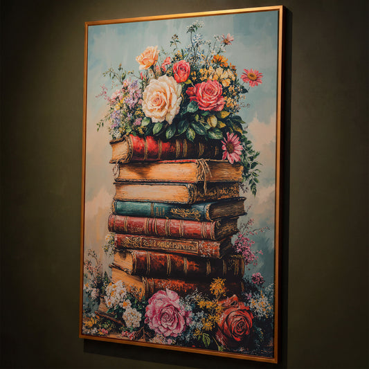 Vintage Book Stack with Flowers Canvas shown in antique gold floating frame