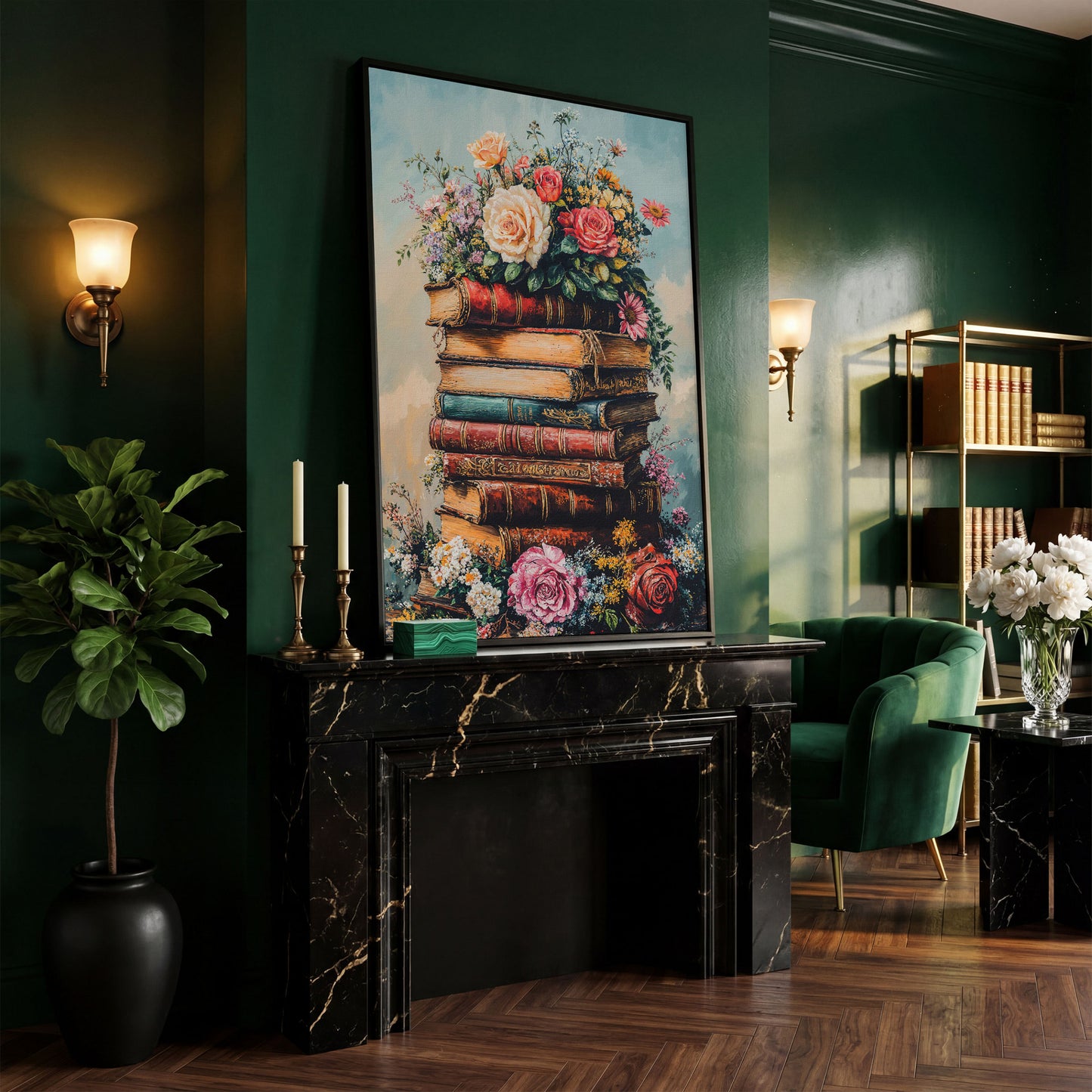 Vintage Book Stack with Flowers Canvas in black floating frame
