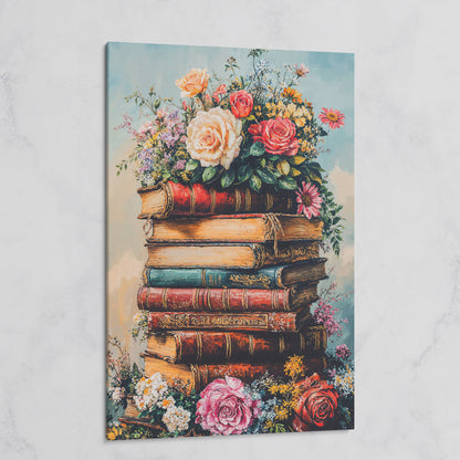 Vintage Book Stack with Flowers Canvas on gallery wrap