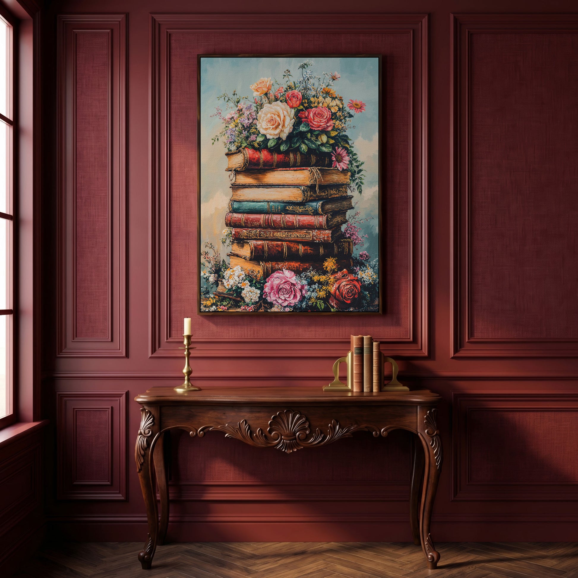 Vintage Book Stack with Flowers Canvas in dark walnut floating frame
