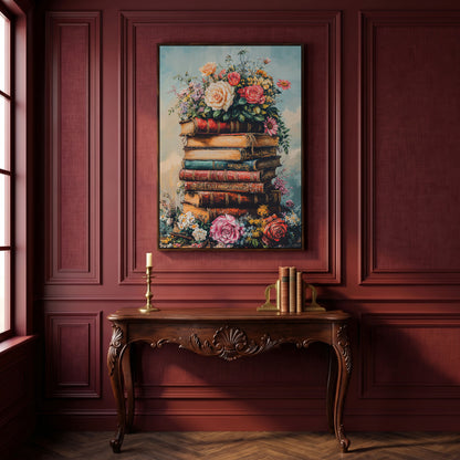 Vintage Book Stack with Flowers Canvas in dark walnut floating frame