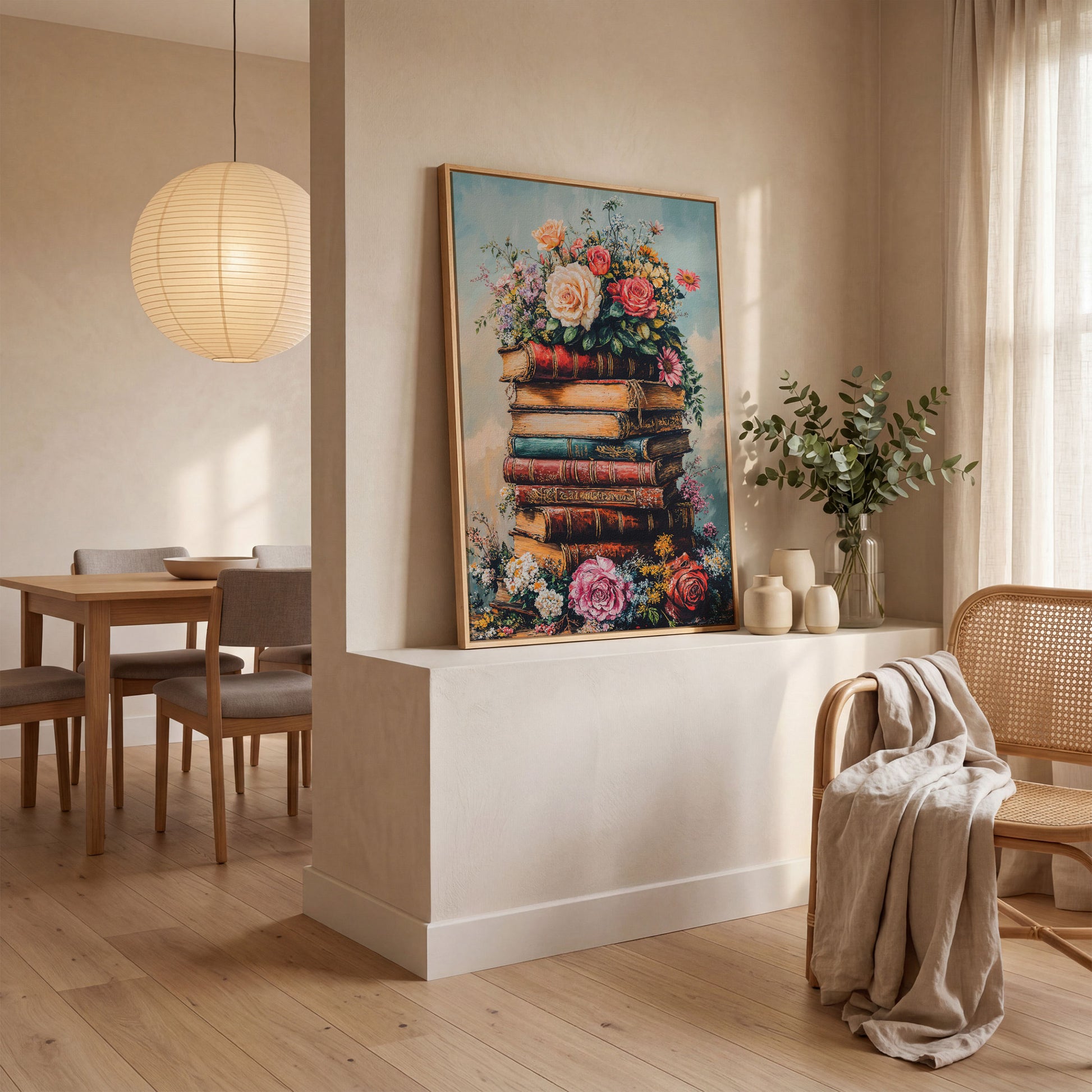 Vintage Book Stack with Flowers Canvas in white oak floating frame