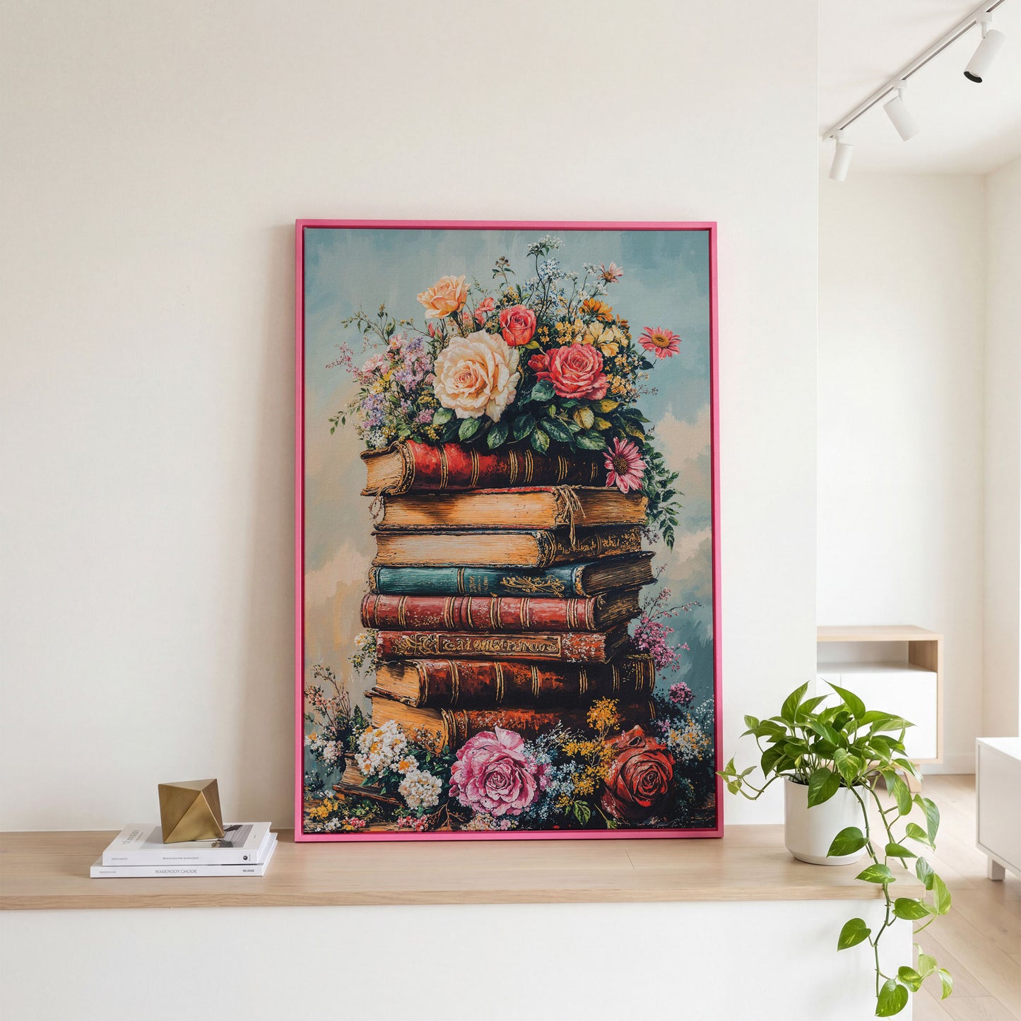 Vintage Book Stack with Flowers Canvas in pink floating frame