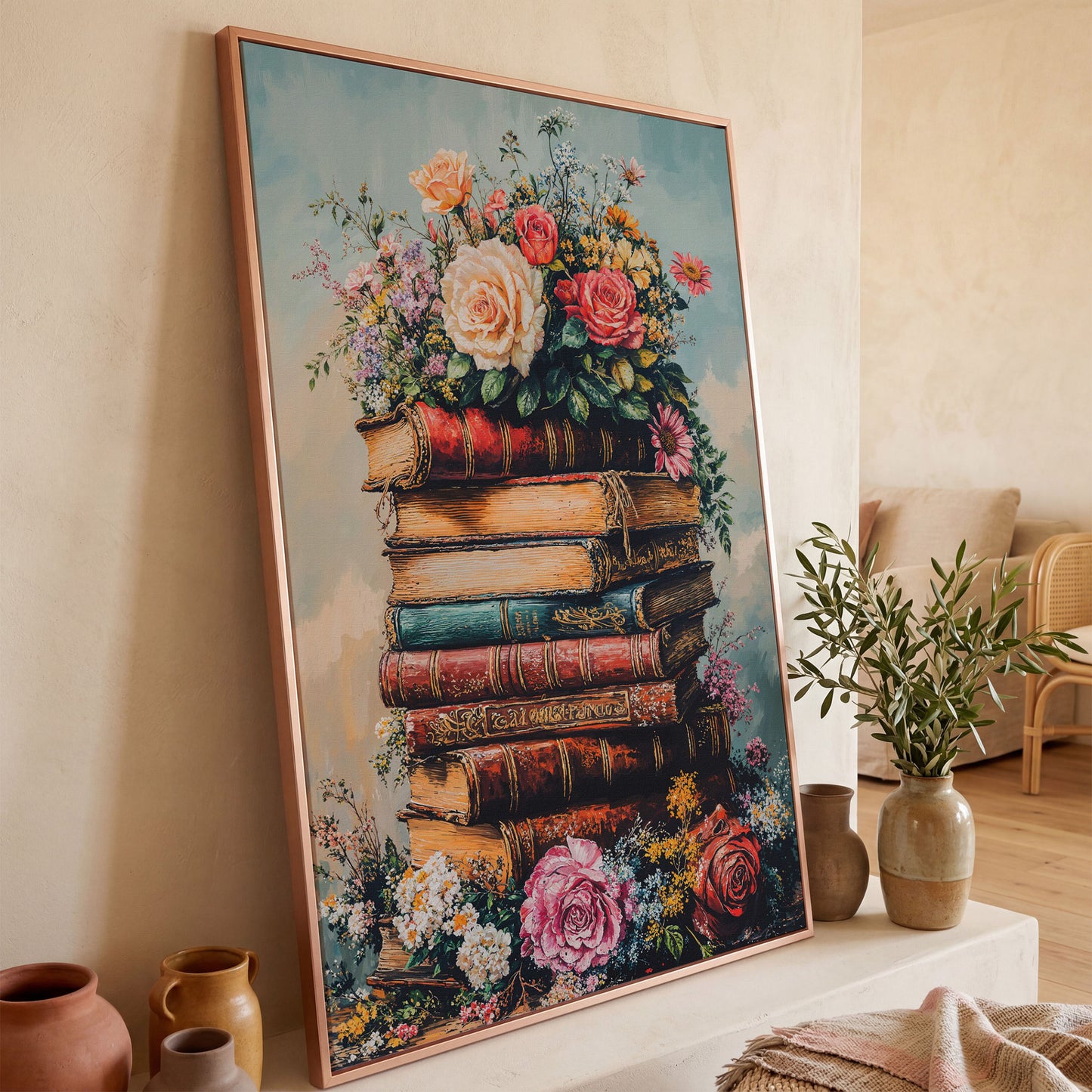 Vintage Book Stack with Flowers Canvas in rose gold floating frame