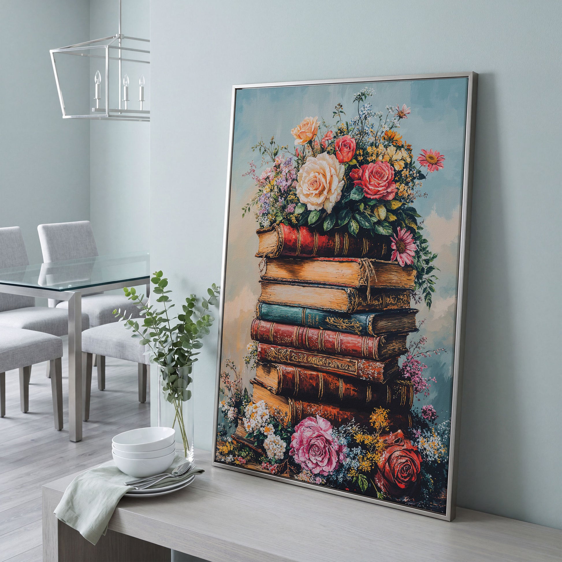 Vintage Book Stack with Flowers Canvas in silver floating frame