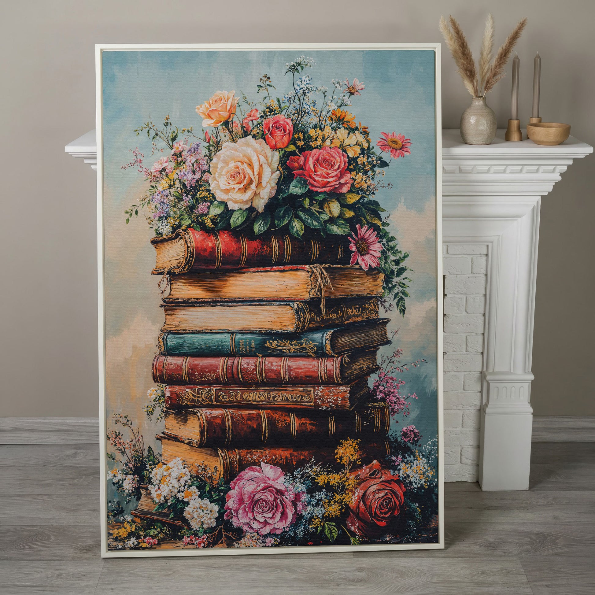 Vintage Book Stack with Flowers Canvas in white floating frame