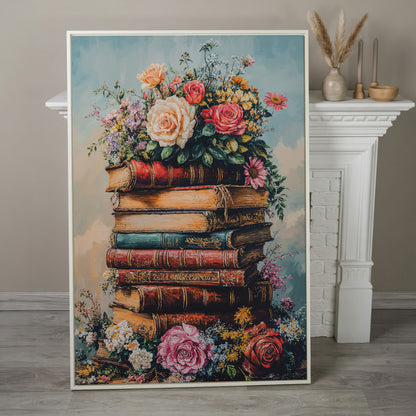 Vintage Book Stack with Flowers Canvas in white floating frame