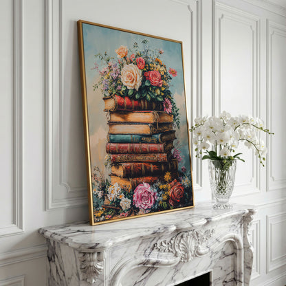 Vintage Book Stack with Flowers Canvas in yellow gold floating frame