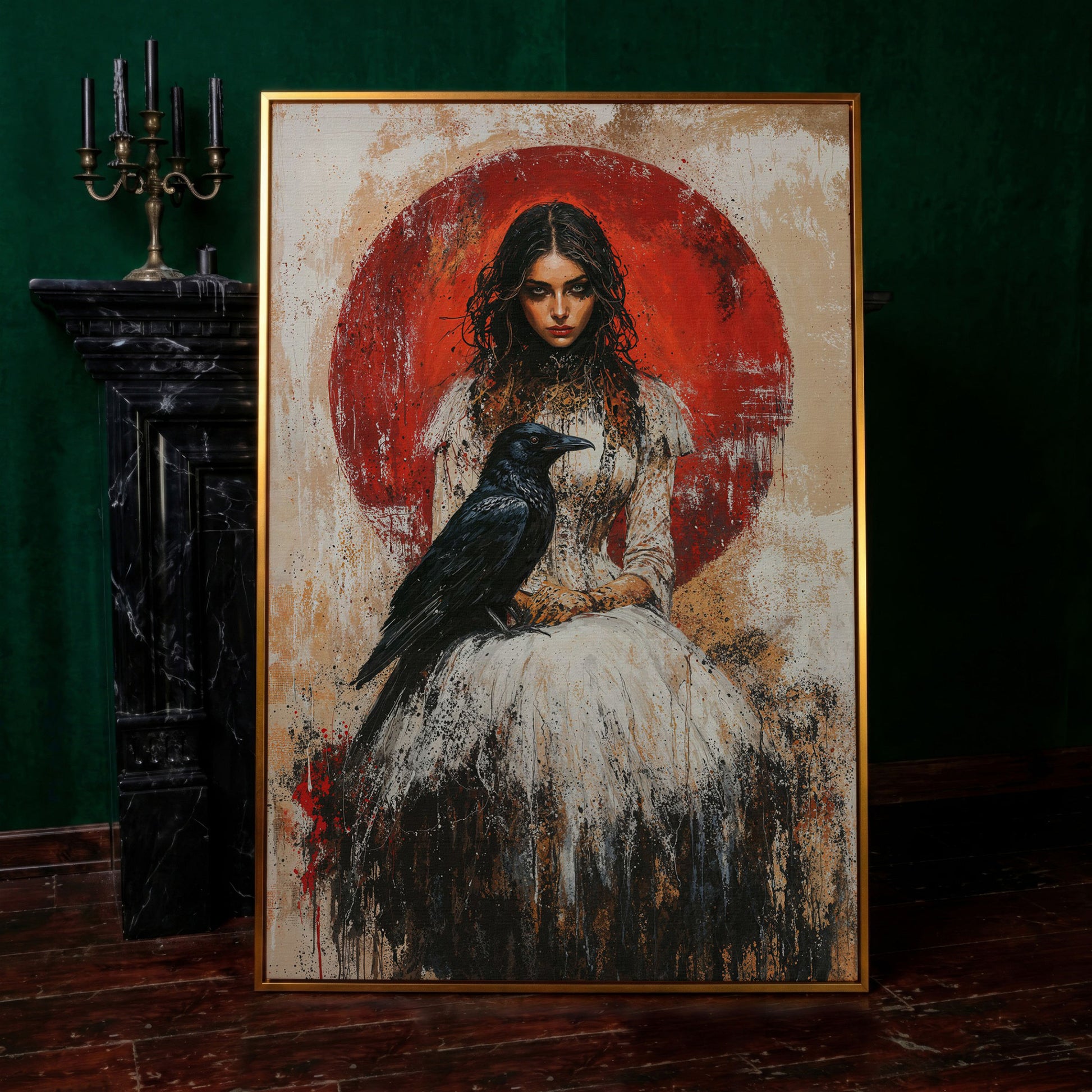Gothic Queen and Black Raven Portrait Canvas in antique gold floating frame