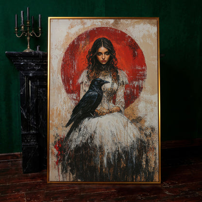 Gothic Queen and Black Raven Portrait Canvas in antique gold floating frame