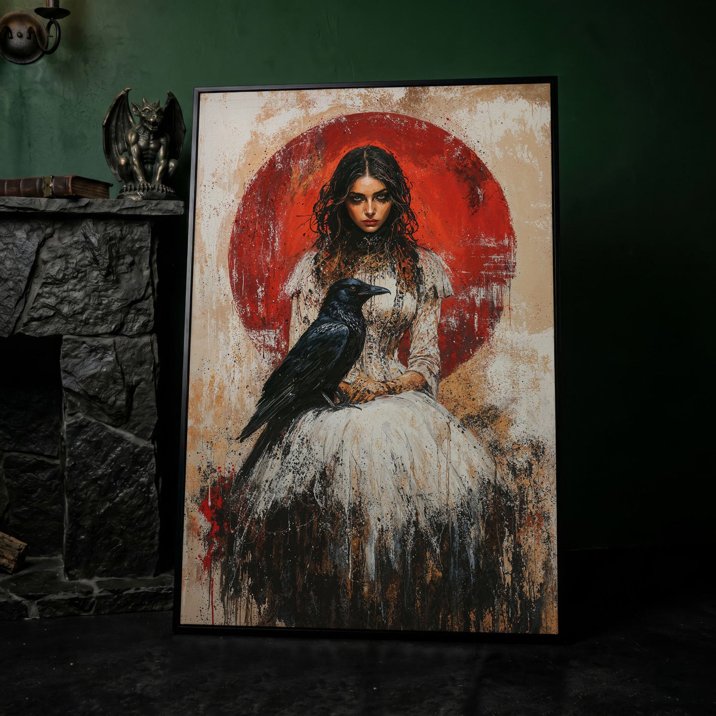 Gothic Queen and Black Raven Portrait Canvas in black floating frame
