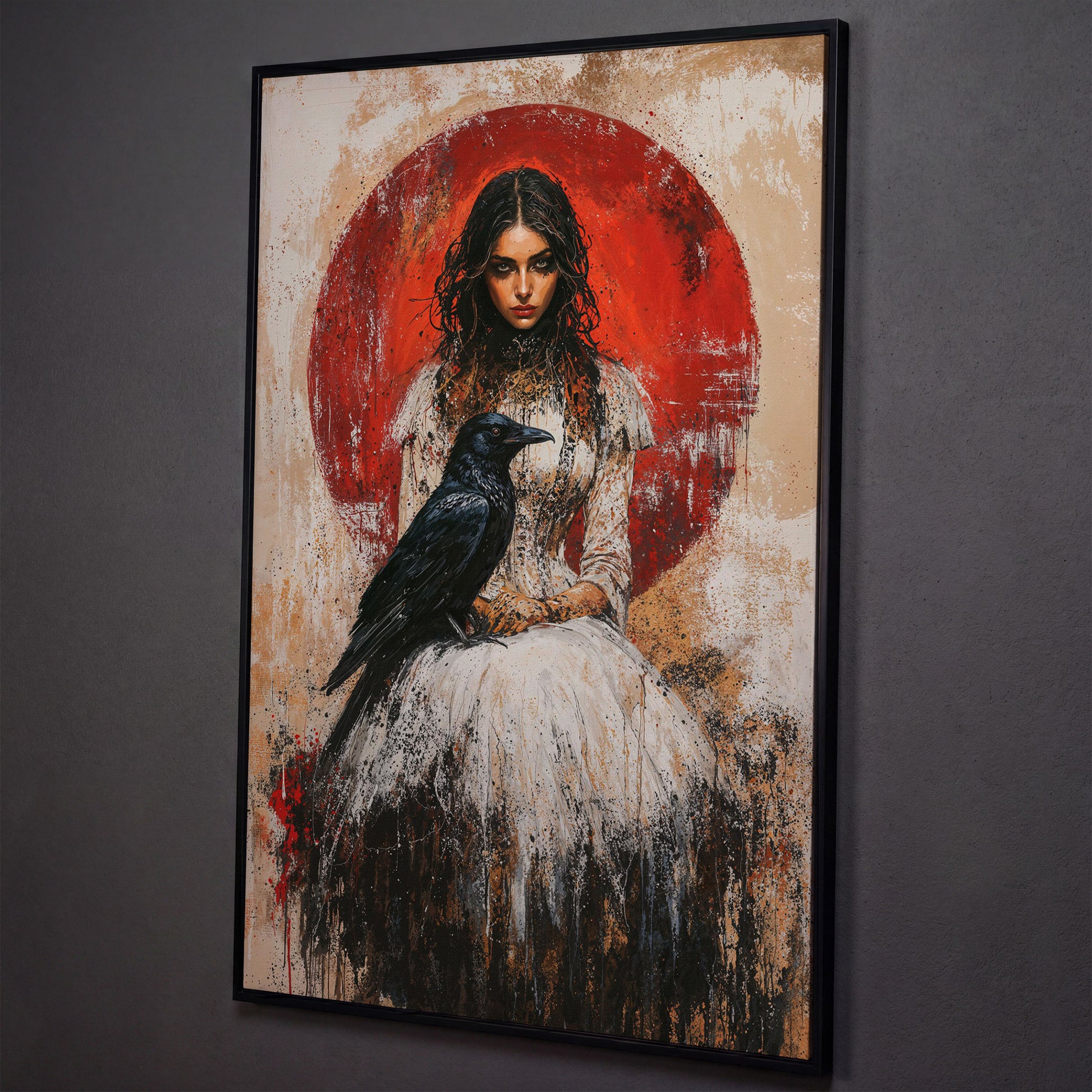Gothic Queen and Black Raven Portrait Canvas shown in black floating frame