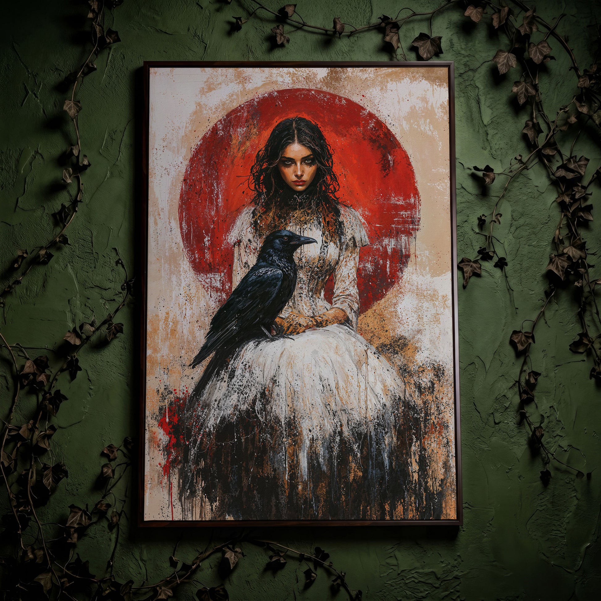 Gothic Queen and Black Raven Portrait Canvas in dark walnut floating frame