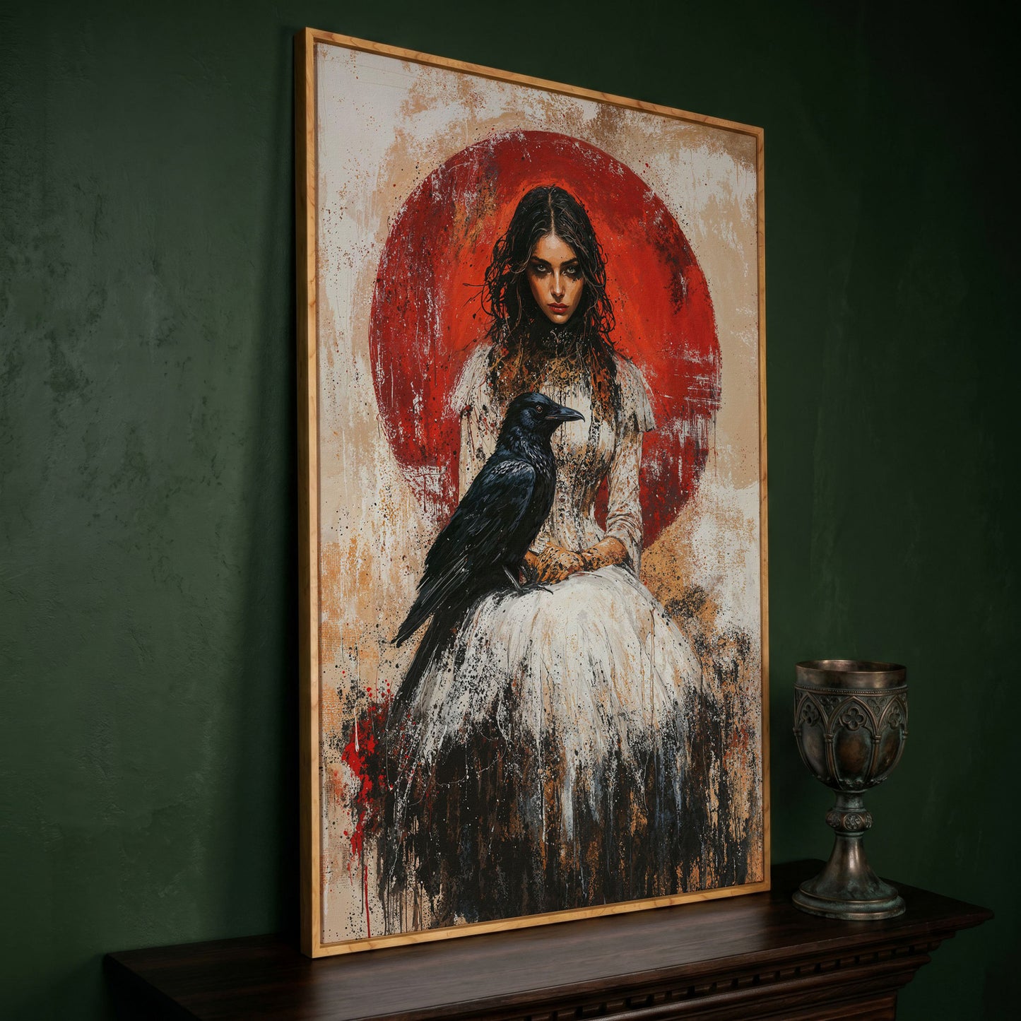 Gothic Queen and Black Raven Portrait Canvas in white oak floating frame